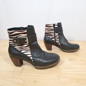 Wolky Black Leather Ankle Boots with Zebra Pattern